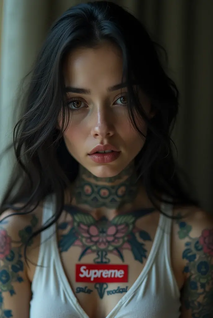 Young girl in her 20s black long hair touching the floor bright purple eyes plump lips pale skin covered with tattoos as well as a figure in the shape of a busy watch with big curvaceous shapes 