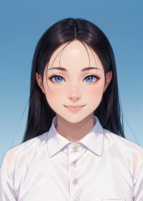 걸작, high resolution, top quality, quality, very long hair, smile, Many lips, white shirt, ID photo,  blue background , realistic on the hand,  expert level, realistic, Extremely Detailed, Physics-based rendering, Clear Focus, vivid colors,  blur background...