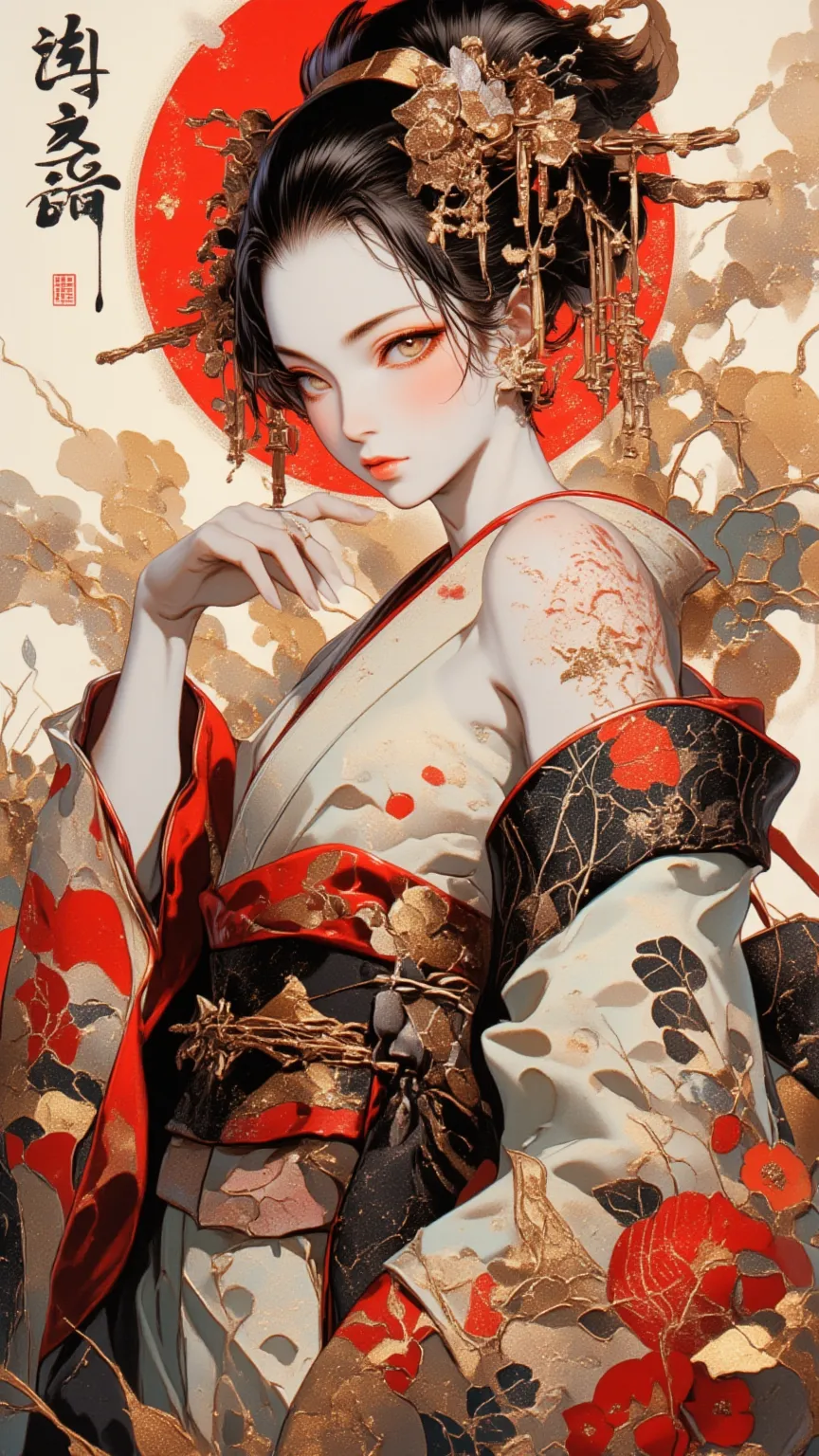 Japanese geisha are beautiful, full body，Joel Robinson's style, light white and dark red, Classical figurative realism, anime style， Oliver Singer, ZBrush Center, Renaissance, Ansolo's masterpiece, super detailed fantasy character, high accuracy , fear! hi...