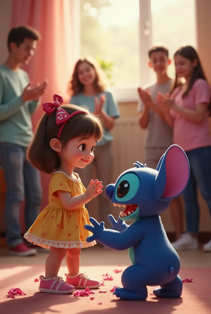 a birthday invitation image with the one in the photo, playing with the Disney character Stitch and several people clapping in the background, Place a birthday invitation image with the girl in the photo in a realistic 4k. #Try to make the photo as realist...