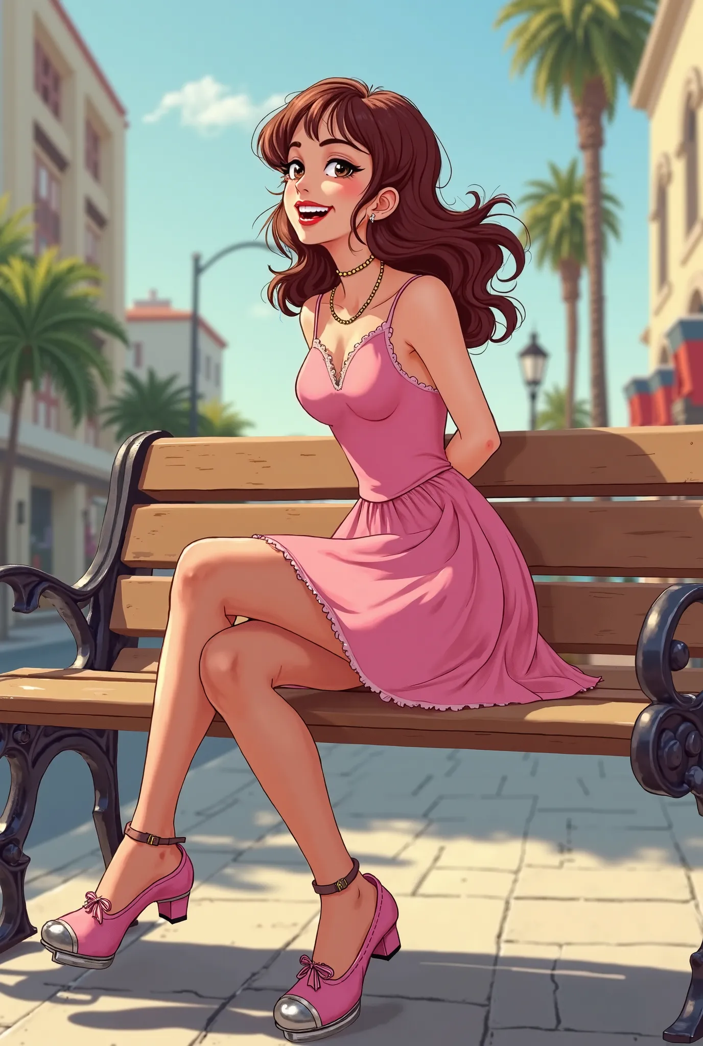 Tip: A very lovely  beautiful Asian American woman being happy alone on a bench in Downtown San Diego in the sun… The illustration is a high definition illustration with 4k resolution., with highly detailed facial features and cartoon style visuals, pink k...