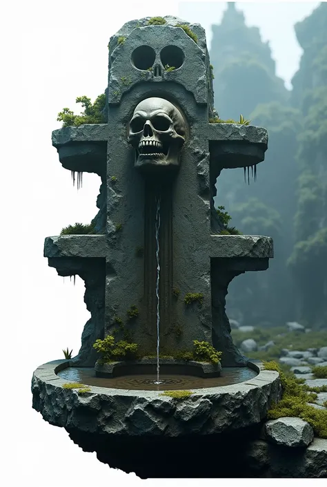 Create a 3D rendering of a Sentinel of Shadows, carved from rough stone, a dry and very old fountain with patches of moss, something that represents a sign that there is an abandoned cemetery nearby, perhaps macabre with a skull carved in the same old roug...