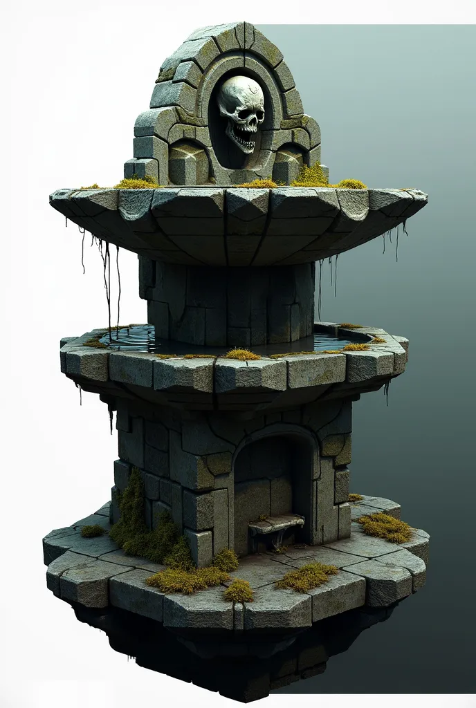 Create a 3D rendering of a Sentinel of Shadows, carved from rough stone, a dry and very old fountain with patches of moss, something that represents a sign that there is an abandoned cemetery nearby, perhaps macabre with a skull carved in the same old roug...