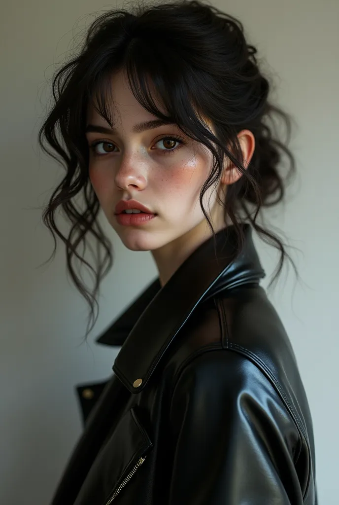  Girl in a leather jacket, with a slight smile and a mysterious look. chest closed