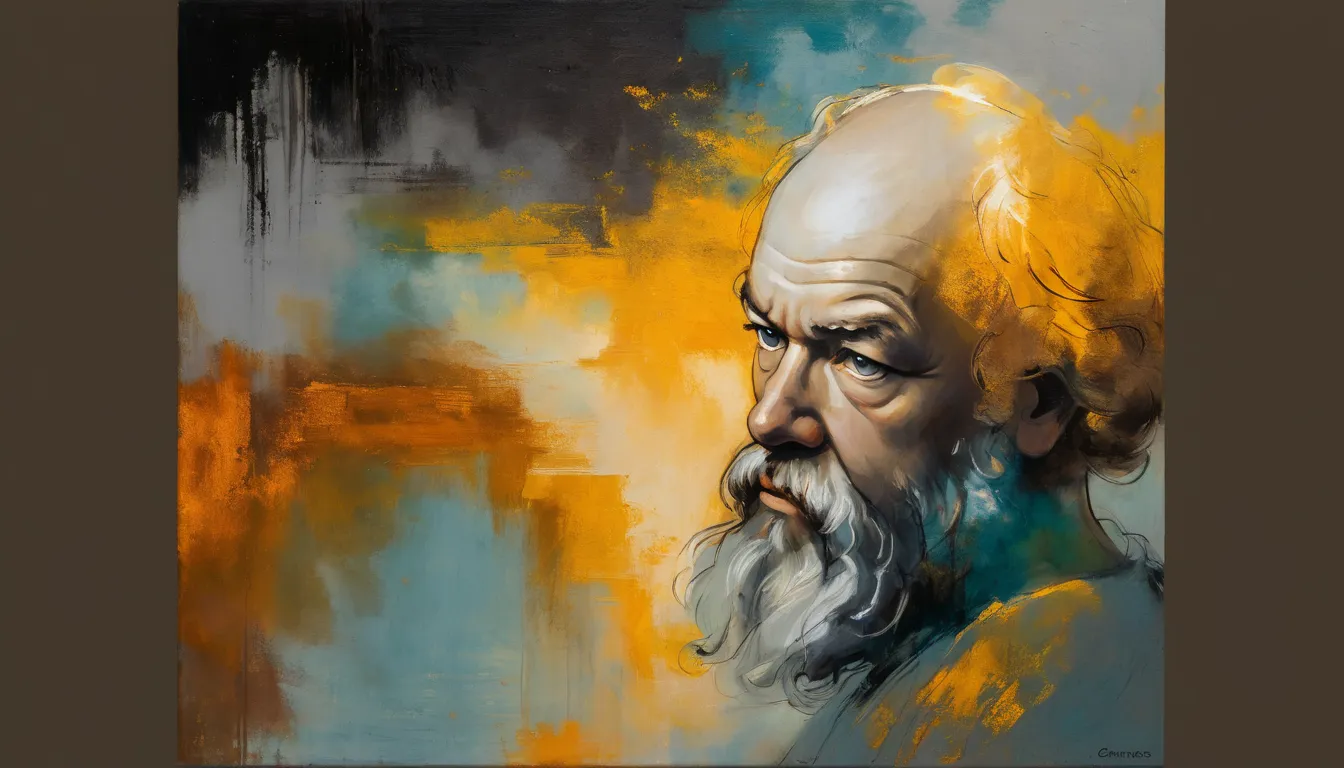 Portrait of Socrates in oil painting style, inspired by the classical school of the Renaissance, with strong influence from artists such as Rembrandt and Caravaggio. The work must capture Socrates in his typical philosopher posture, with a contemplative an...