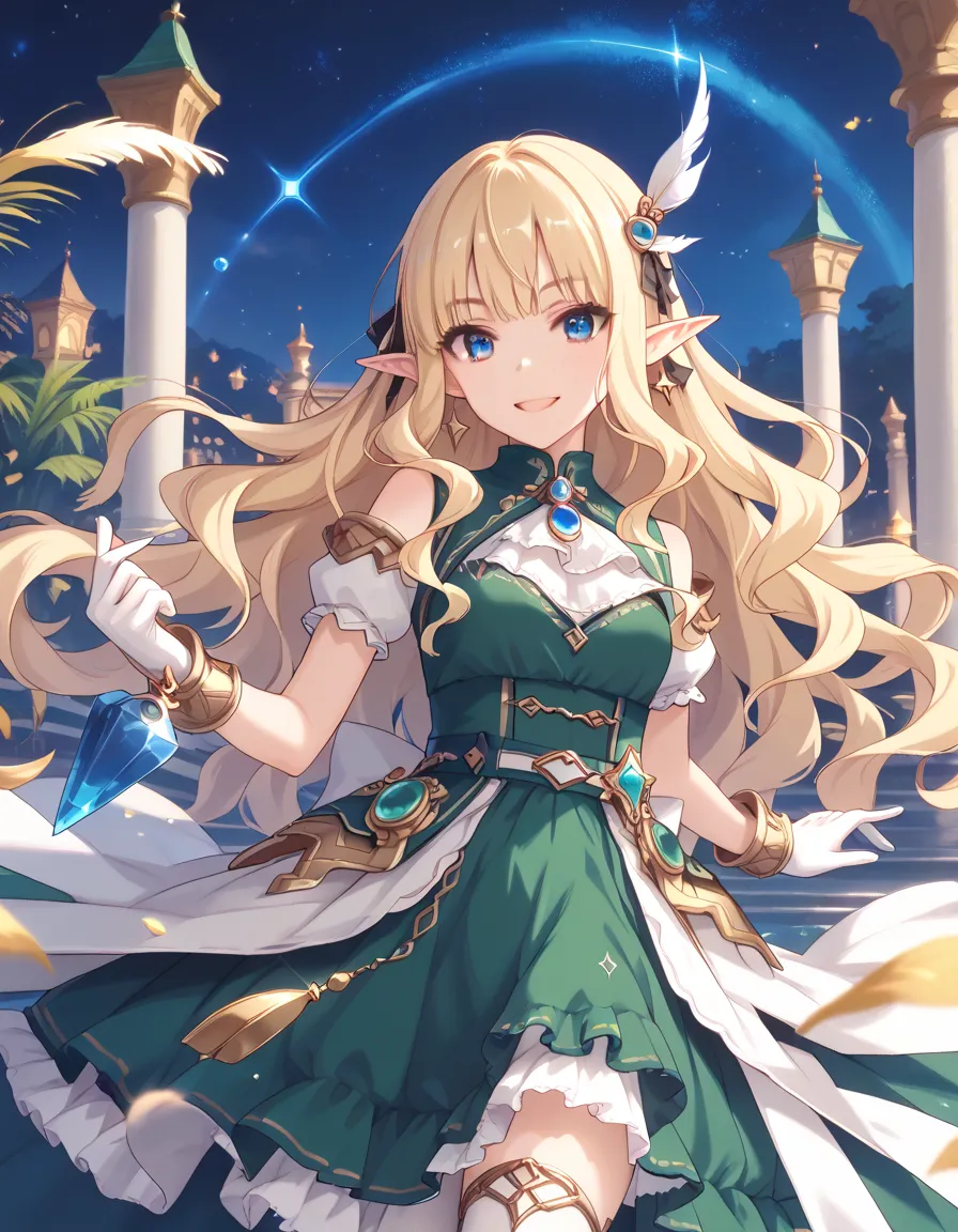 anime-style illustration, best quality, masterpiece, 1girl, bright blonde hair, long wavy hair with neatly cut straight bangs, pointed ears like an elf, vivid blue eyes, gold hair ornament with a white feather, black ribbons tied on both sides of her hair,...