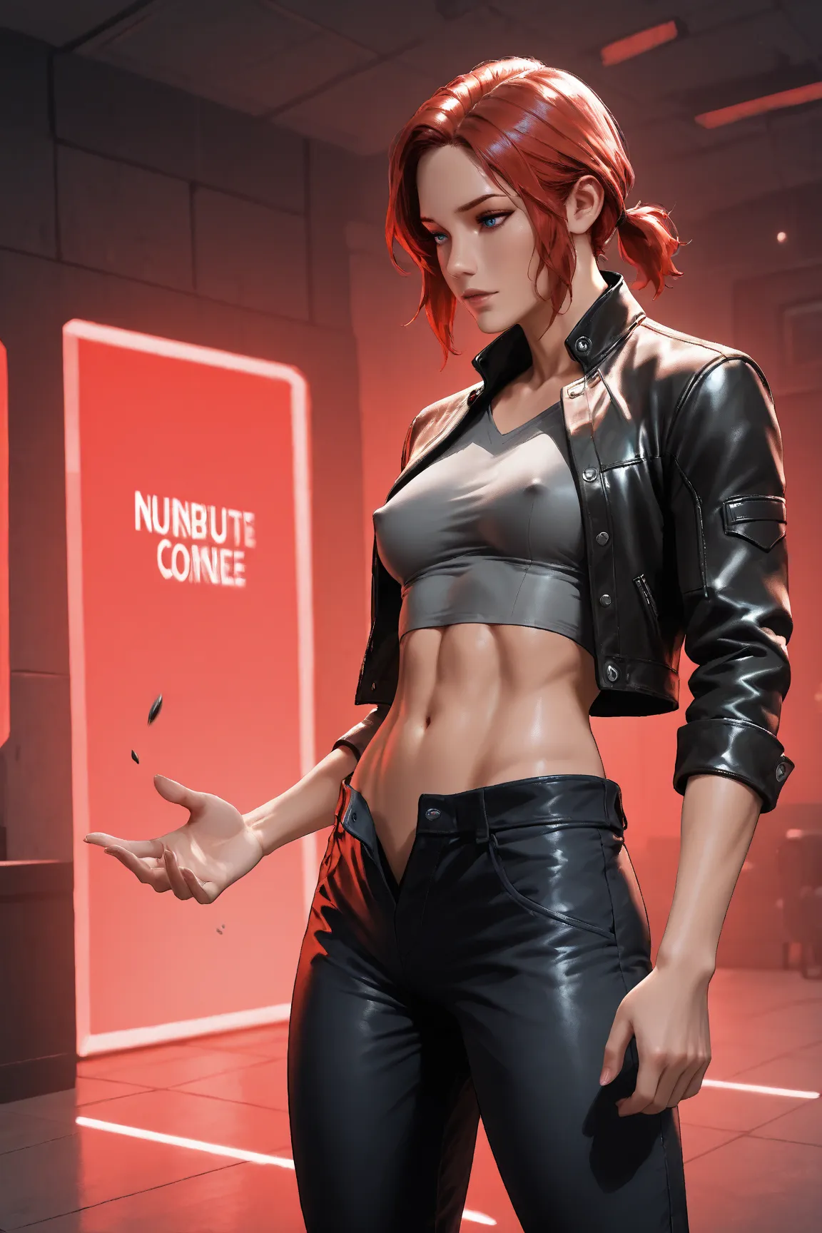 Photorealistic, photography, 1girl, solo, Controljess1, slim and toned, red hair, sapphire blue eyes, low ponytail, short ponytail, black leather jacket, tight grey shirt, cropped shirt, small breasts, erect nipples, midriff, navel, tight black pants, bums...