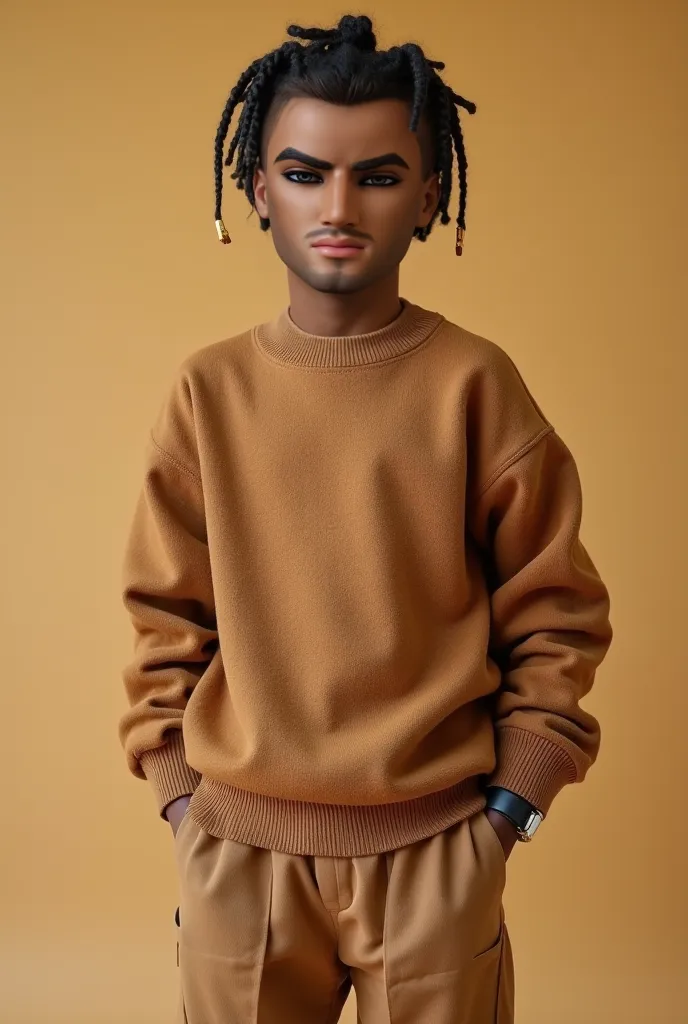 Cute 22 years old boy , light stubble beard ,  medium honey skin tone , small box braids haircut  with golden edges, freestyle outfit , oversized sweater , brown eyes, oversize pants, triangle face shape, light stunble beard, Brazilian 