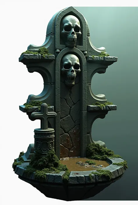 Create a 3D rendering of a Sentinel of Shadows, carved from rough stone, a dry and very old fountain with patches of moss, something that represents a sign that there is an abandoned cemetery nearby, perhaps macabre with a skull carved in the same old roug...