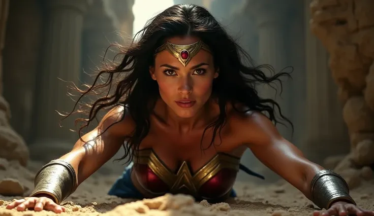 Cinematic, hyper-realistic image of Wonder Woman in a low-angle, intense battle-ready stance. She is leaning forward with her arms braced against the ground, her powerful, toned arms glistening with sweat. Her piercing golden-brown eyes are locked onto the...