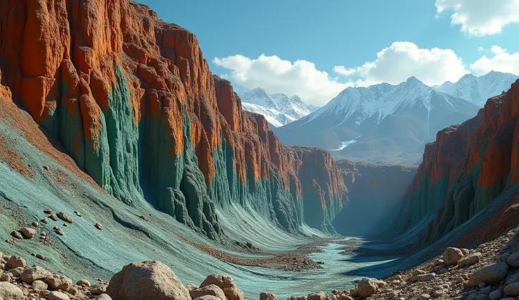 A detailed side view of a copper mine in Chile, showing a large copper deposit with rusty green and blue tones on the rocky walls. in the foreground,  The environment is realistic , with natural lighting that highlights the details of the rock. In the back...