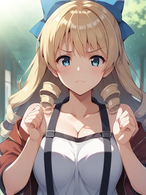 score_9, score_8_ up, score_7_ up, score_6_ up, score_5_ up, score_4_ up,  source_anime ，nsfw， uncorrected，ultra- Details,  Details face, 

Alone, girls, blond with a big face, long hair,  Drill Hair , stupid hair, blue eyes, sling, Narrow eyes,  large hai...