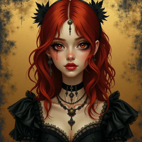 encaustic mottled background a beautiful girl  red hair in black gold gothic look 