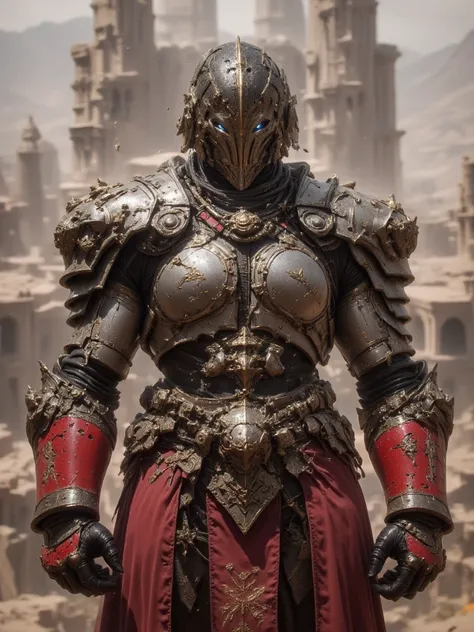 A Heavily Muscled Man, Silver colored steel skin, Black Caesar cut hair, Fresh faced, Flesh made of Steel, Heavy Red Roman Armor with gold Accents, Red Heavy Roman Gauntlets with gold and silver accents, With Glowing white Irises black Pupils and white sca...