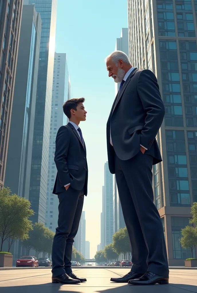 Generate an image of a young man in a suit standing in front of a city talking to a big man, a man's height is a horseshoe