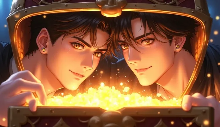 2 males,opening a treasure chest with excited glowing eyes, anime style, inside treasure chest view, 16:9, sparkling eyes