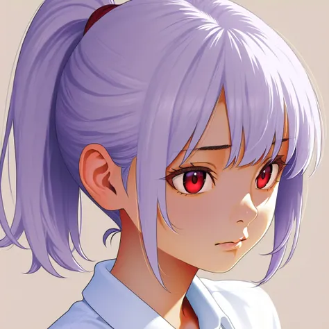 High quality, NSFW 1.5, anime style, school girl, light purple hair, ponytail, hair elastic, red eyes, white shirt, navy blue skirt, one girl, masturbation, female , poor breasts, plain background