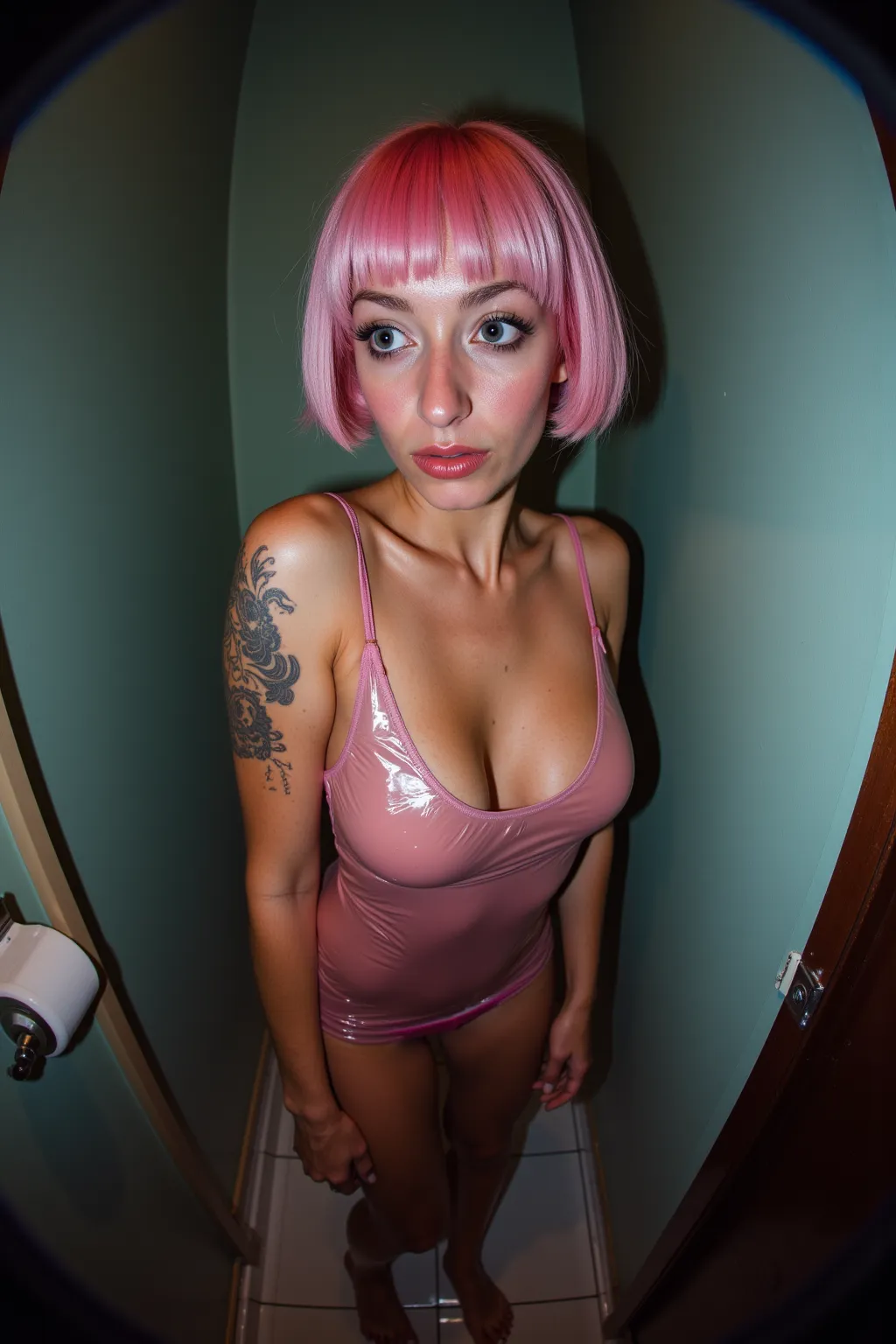 beautiful woman, glossy, sweaty skin, pink haircut, realistic unprofessional photo, full body shot, fish-eye lens camera, tattoo, instagram, wide shot, low quality photo, side view, POV, CRW_4361, realistic, natural, RAW photo, flashlight, sharpen, night, ...