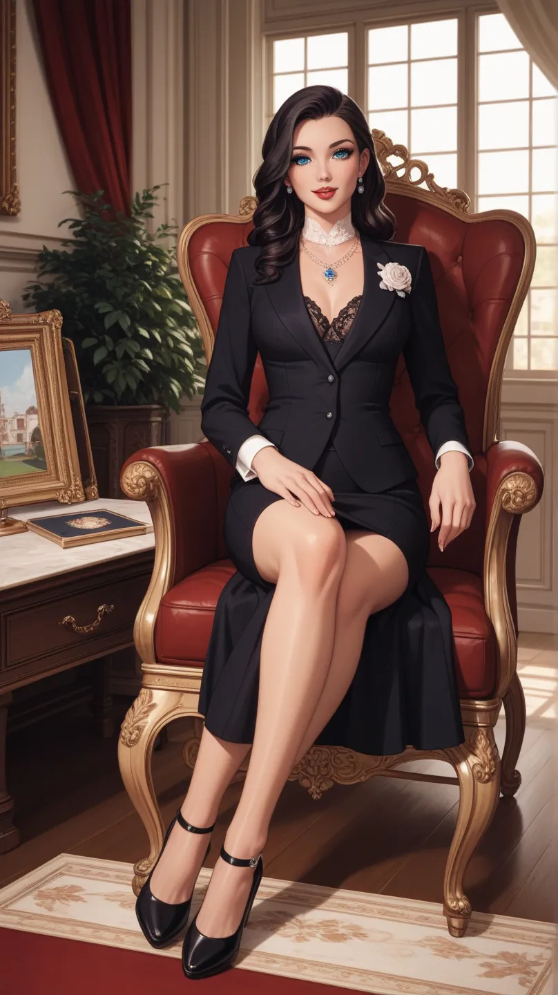 black hair blue eyes elegant black suit but young long haired woman sitting in a wheelchair
behind her is a luxurious living room and paintings