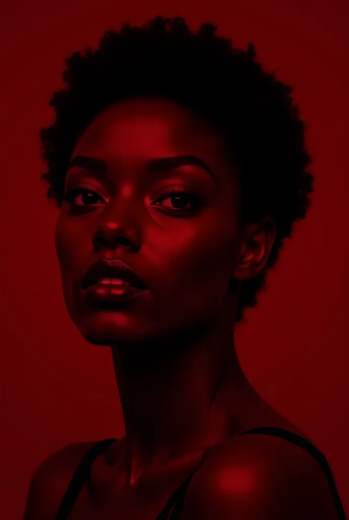 Make a black woman with short hair and dark red lipstick with her face turned sideways and a dark red background