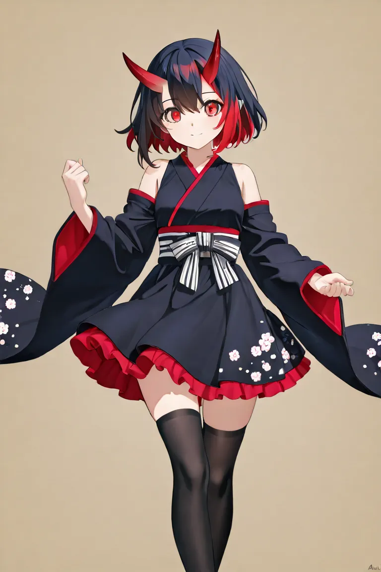 An anime-style cute girl with an oni (demon) motif. She has striking red eyes and long, azuki-colored hair. Her expression is calm and composed, exuding a serene atmosphere. She is dressed in a traditional Japanese kimono and wears black knee-high socks. T...