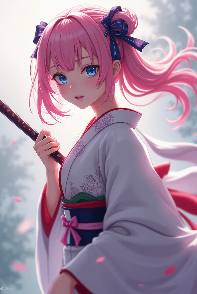 A girl with pink hair and blue eyes with a kimono and an anime-style knife