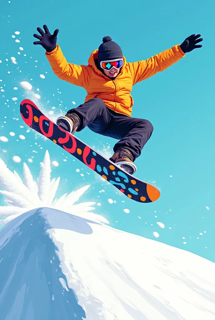 A vibrant cartoon-style illustration of a snowboarder soaring mid-air, performing a stylish grab trick. The snowboard has a bold design, and the rider's outfit is colorful. Snowflakes and a splash effect surround the character, emphasizing movement and exc...