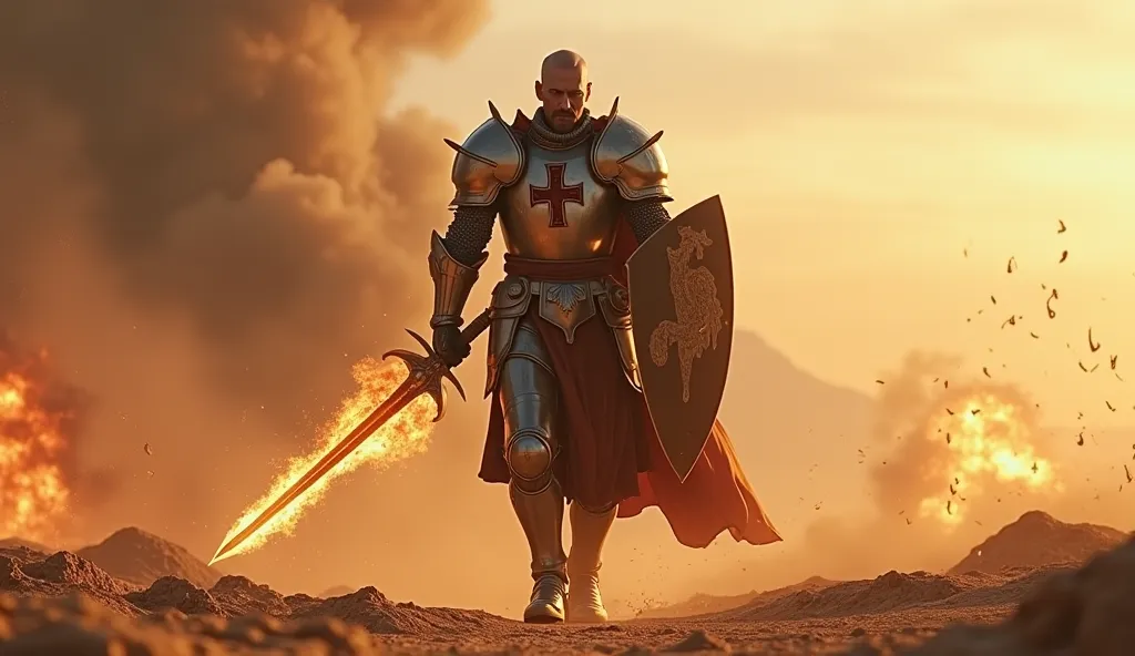 A knight templar boss with a flaming sword walking in a desert battlefield with explosions 