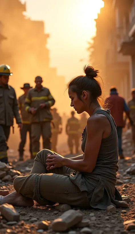 A breathtaking cinematic scene capturing the power of selflessness in a time of crisis. In the midst of a devastated city, shaken by a massive earthquake, people from all walks of life come together to aid those in need. At the center of the composition, a...