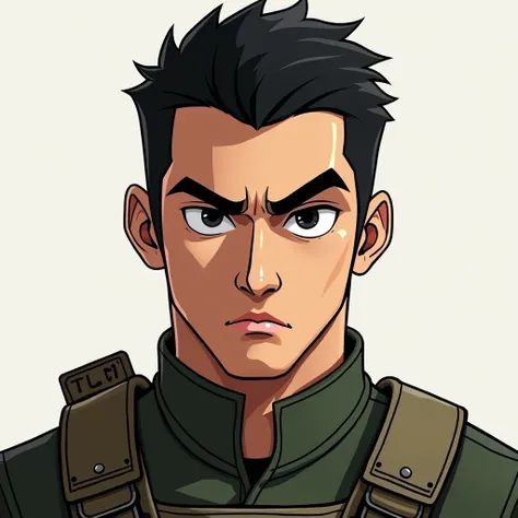 Create a cartoon from the chest up of a man with an oval face, black hair and black eyes with a smooth face and a thick droopy eyebrow in a Call of Duty skin