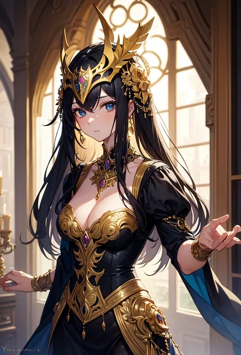 Portrait of a woman in an ornate masquerade mask. The mask is highly detailed and elegant. the design creates an atmosphere of mystery, fantasy, and magical .