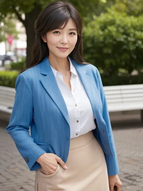 UHD, masterpiece, anatomically correct, textured skin, best quality, 8k、Fashion Model Mature Woman(45 years old)。 Height:175cm, body weight:60kg,  Bust:80,  waist :60cm, Hip:90cm、Random hairstyles for dark hair。Perfect Makeup、Everyday tight skirt fashion f...