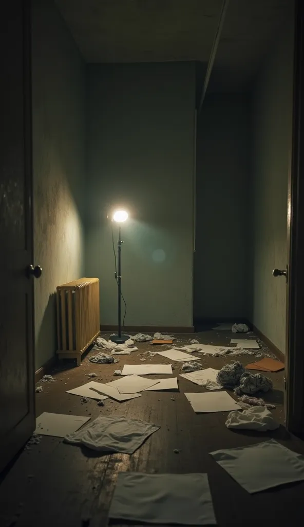 A highly detailed and cinematic photograph in muted tones, showing an empty room with scattered papers and clothes on the floor, symbolizing chaos and emotional distance. A single lamp casts a dim light, highlighting the mess around it. The atmosphere feel...