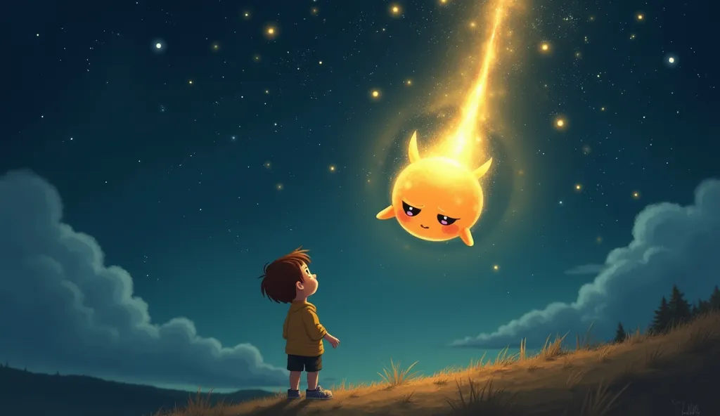 "A glowing, adorable alien-like creature floating upward into the night sky on a beam of golden light. The young boy stands below, watching with teary eyes as his friend ascends toward the stars. The sky is filled with twinkling constellations, and the sce...