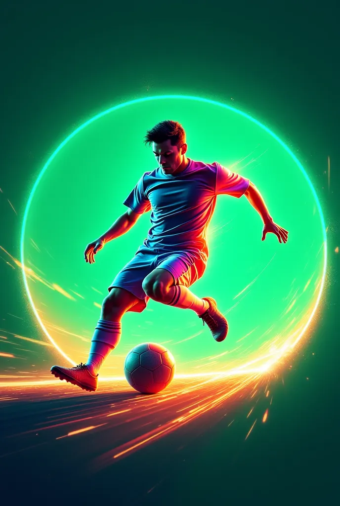 “Shines with a movement trail, in a modern digital art style.  In the middle , Motion feeling lines and light neon touches contains {x} a dynamic figure of a football player taking a powerful shot at the soccer ball. Ball in the air, in round format. backg...