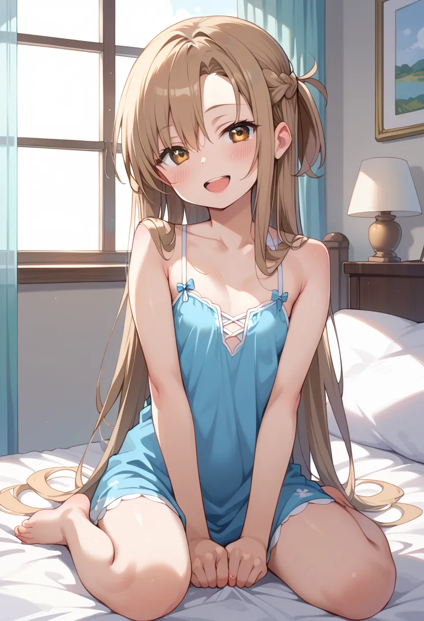 ((Best Quality)), ((masterpiece)), (be familiar with), perfect face, indoors, bedroom, viewer,
One woman, Asuna Yuki,
open mouth, steam clouds drift, blush, smile,
 small tits, flat chest, Young girl,  lori,  ,  girl,
long hair, long hair,
 open,