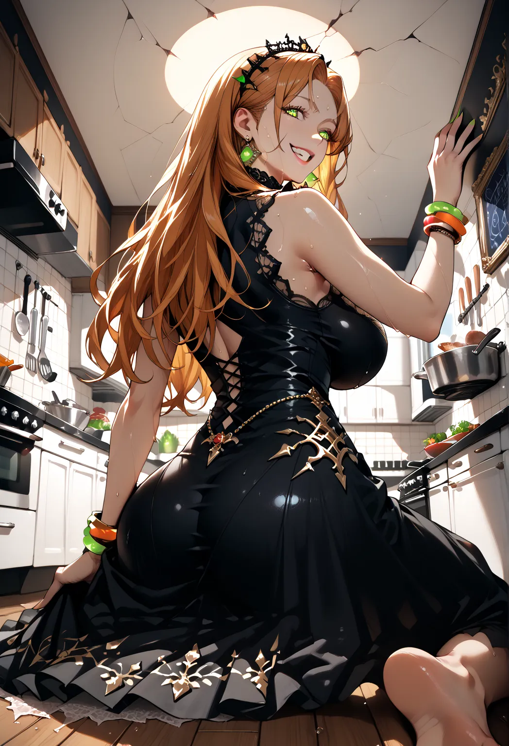 score_9, score_8_up, score_7_up, source_anime, BREAK,1girl, solo, gtscramped, cameltoe, happy, looking back, (sweat:1.5), (steam), (on floor), head against ceiling, (cracked wall), kitchen, giant beautiful long hair, looking at viewer, orange hair, dress, ...