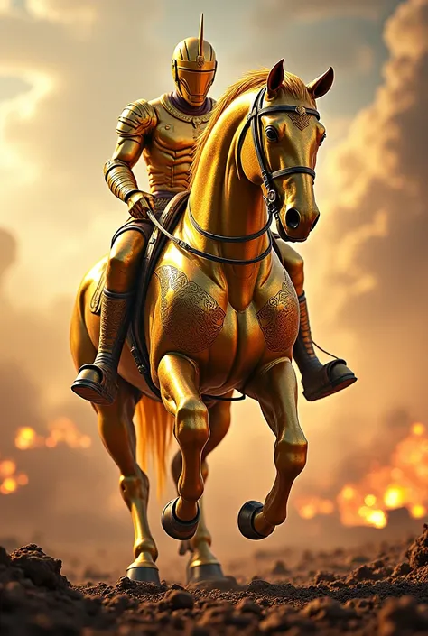 A golden horse wearing armor has missiles in war