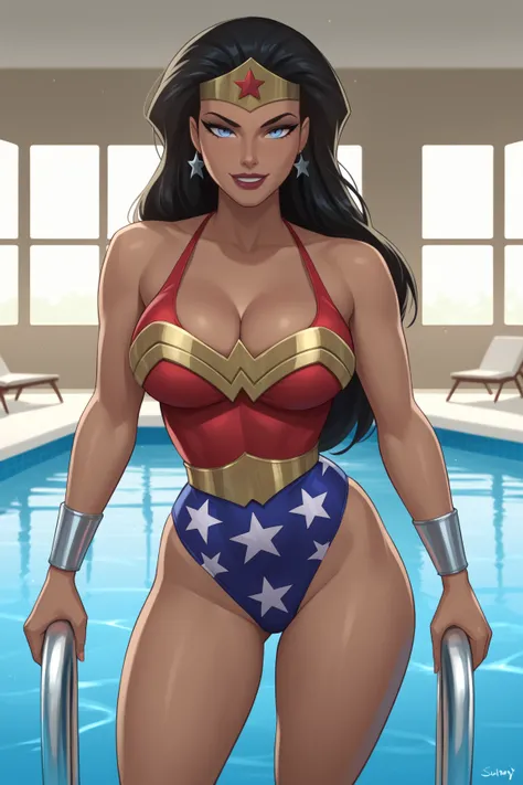 PonyXLV6_Scores BREAK ((parody), perfect anatomy, perfect eyes, cowboy shot), BREAK diana prince, long hair, black hair, blue eyes, lipstick, dark-skinned female,  ((looking at viewer)),  cleavage, hot pink one-piece swimsuit, jewelry, star earrings, tiara...