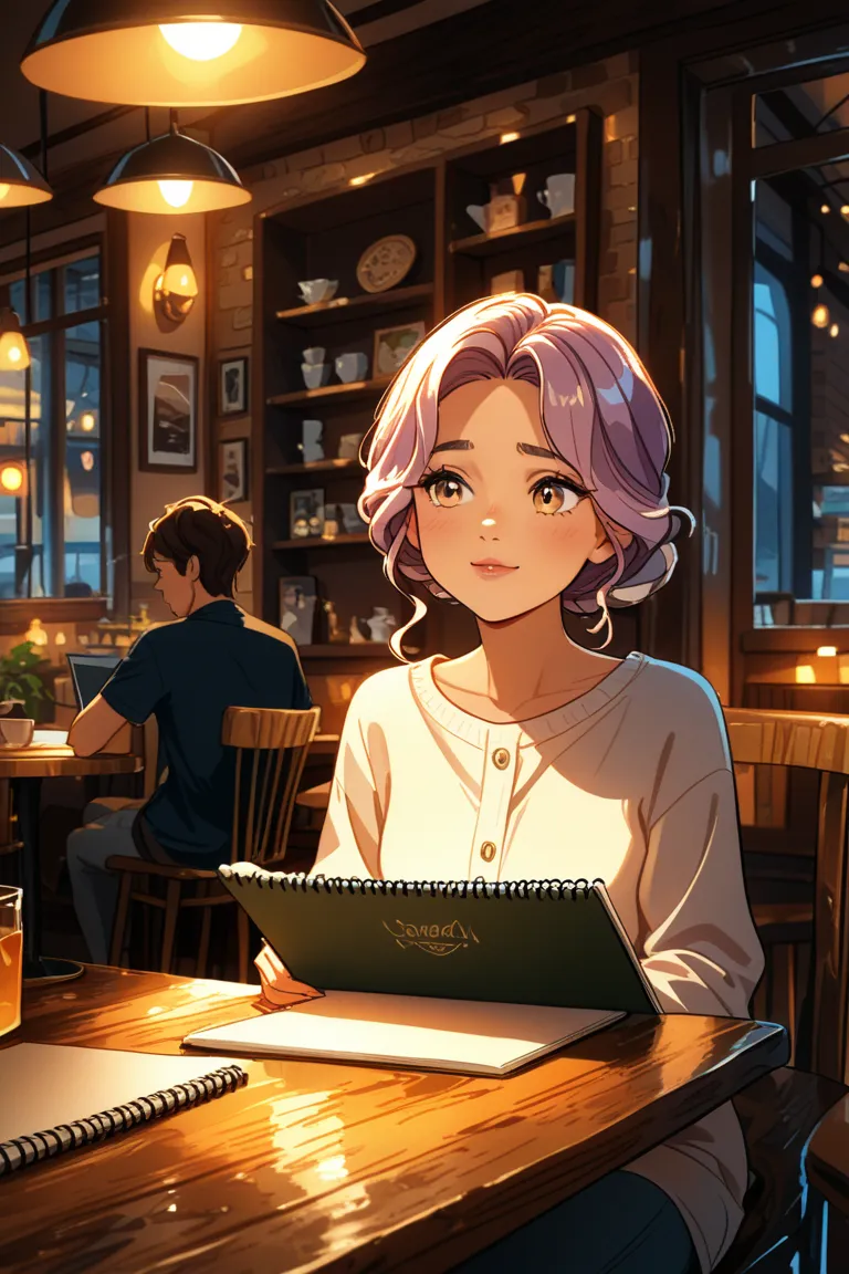 a cozy cafe . Sofia, an illustrator, sitting with her sketchbook. Enter Daniel, a writer who always comes to the same place.