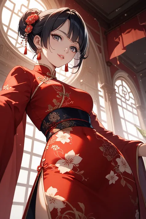 Qipao, red, woman,  young,  black hair, low angle