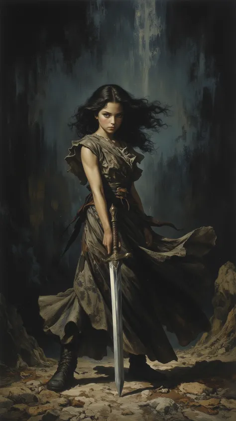   girl,alone，skirt, Dark Hair,,sword,  Battle Pose  ,