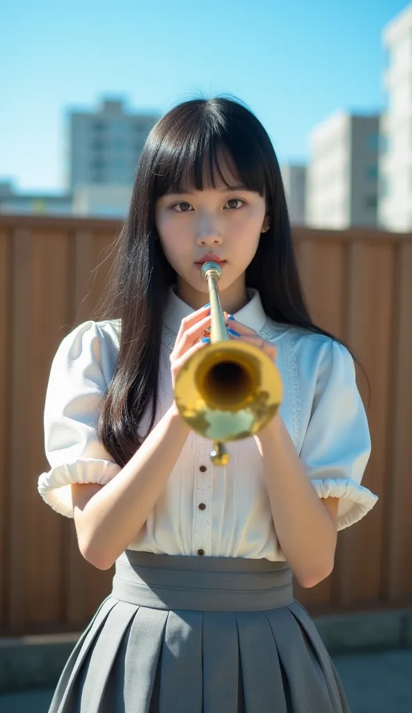  young woman with long, straight black hair and bangs, playing a golden trumpet. She wears a vintage-style white blouse with lace details and a high-waisted pleated gray skirt. Her nails are painted blue. She stands outdoors with a clear blue sky behind he...