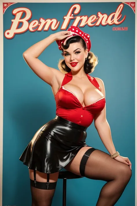 Full length photo of a girl, realistically depicting a 35 year old woman as sexy and emotional. she has black hair, creating a mysterious and sexy image. Model dressed in pin-up style with hair styled "victory rolls". Her plump red lips make her look sexy....