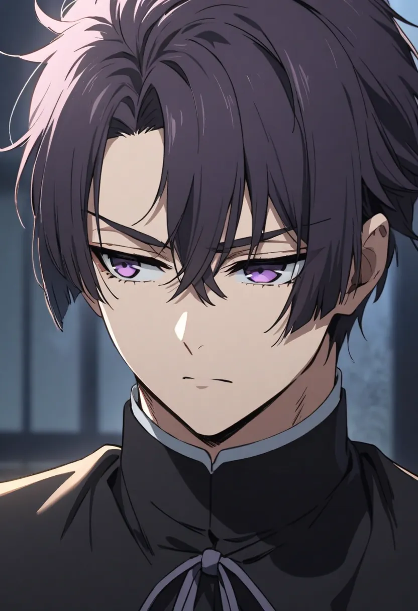 Handsome, solo, male, short hair, dark lavender hair, purple eyes, black cloth, serious face, boy, very handsome, ((young boy)), wearing black uniform, academy school uniform, young boy, 