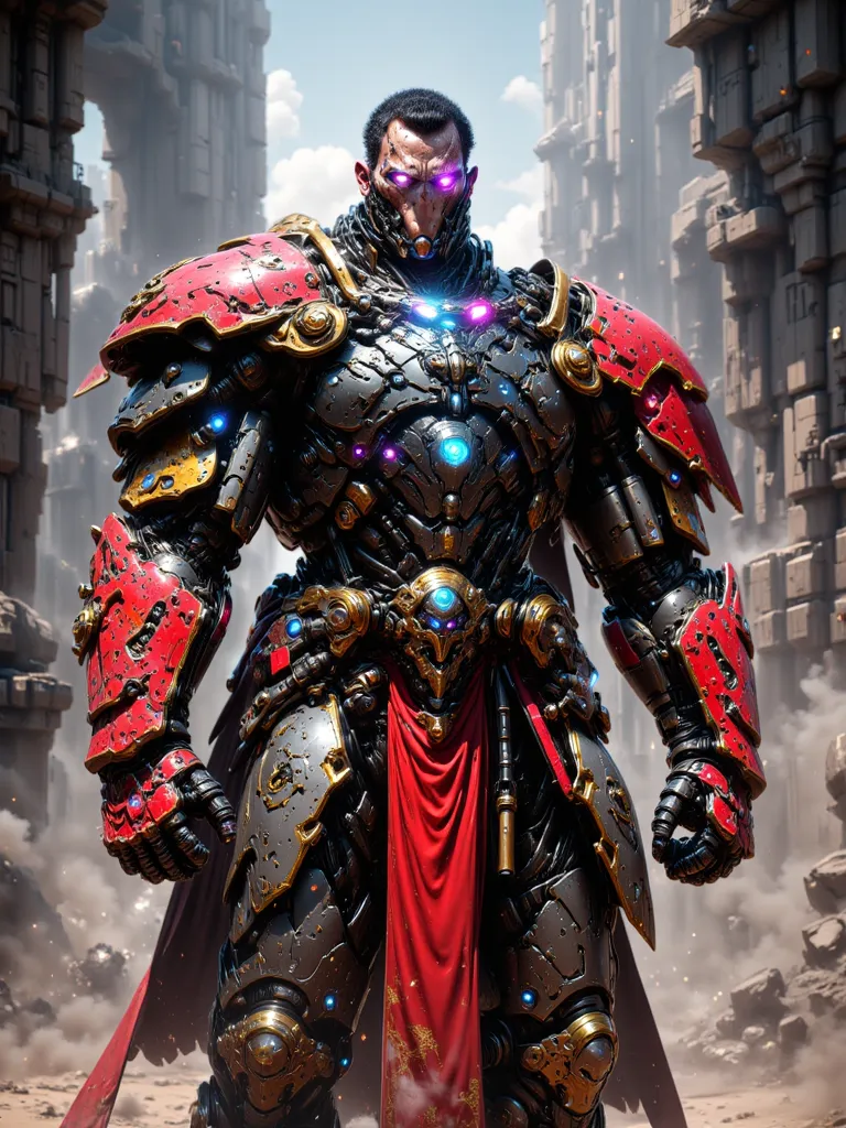 A Heavily Muscled Man, Silver colored steel skin, Black Caesar cut hair, Fresh faced, Flesh made of Steel, Heavy Red Roman Armor with gold Accents, Red Heavy Roman Gauntlets with gold and silver accents, With Glowing white Irises black Pupils and white sca...