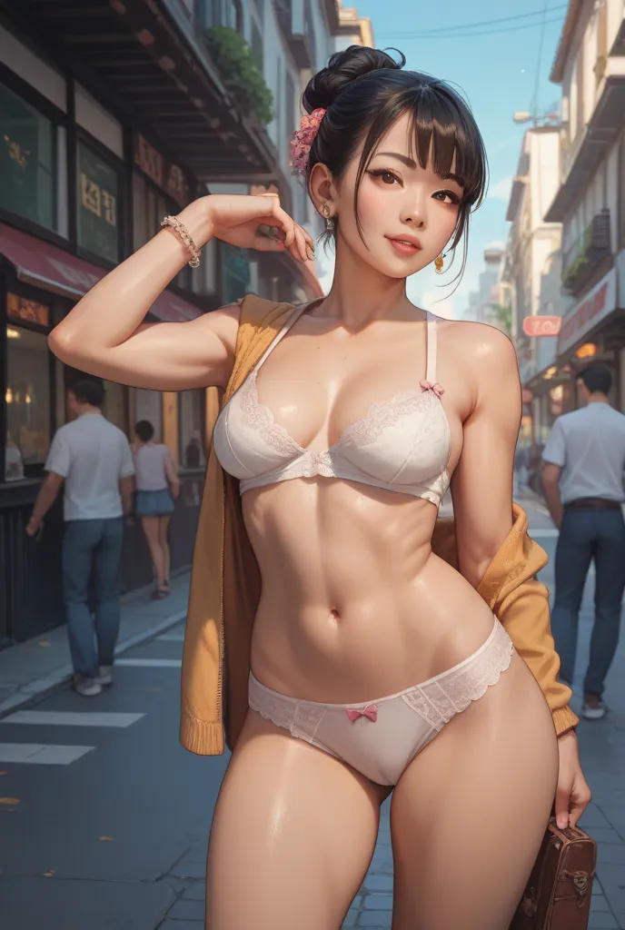 1 Asian-looking girl with underwear on the street 