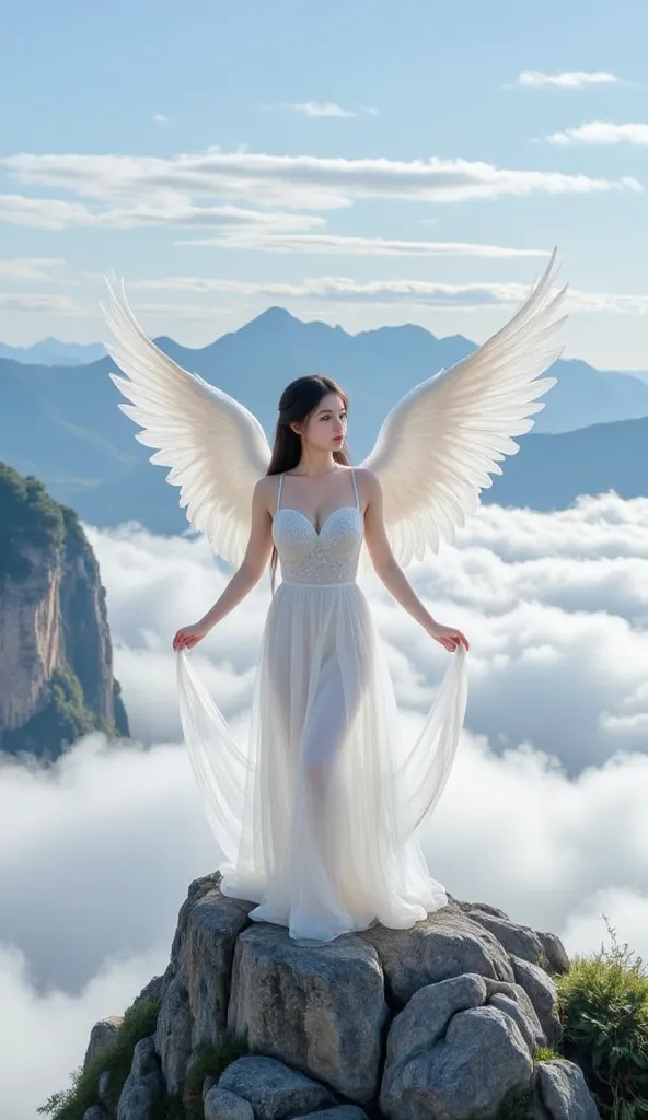 The image depicts a serene and serene landscape with the image of an angel. The angel is characterized by large wings, white, soft, stretching gracefully behind. This image wears a thin opaque dress that shows body contours , váy màu white thanh lịch, floa...