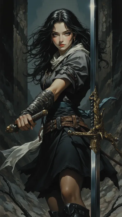   girl,alone，skirt, Dark Hair,,sword,  Battle Pose  ,