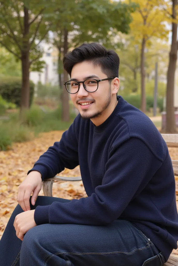 A photorealistic photo of a skinny 20 years old moroccan young man, with a square shape face, dark short hair fade and goatee with only moustache and chin, dark brown eyes, with goatee, wearing black round glasses, smiling. He is wearing a dark blue sweate...